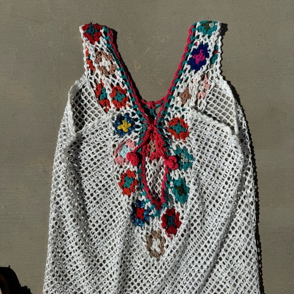 Crochet And Mesh Women’s Bathing Suit Coverup Dress, White And Floral, Size Lg - Picture 4 of 6